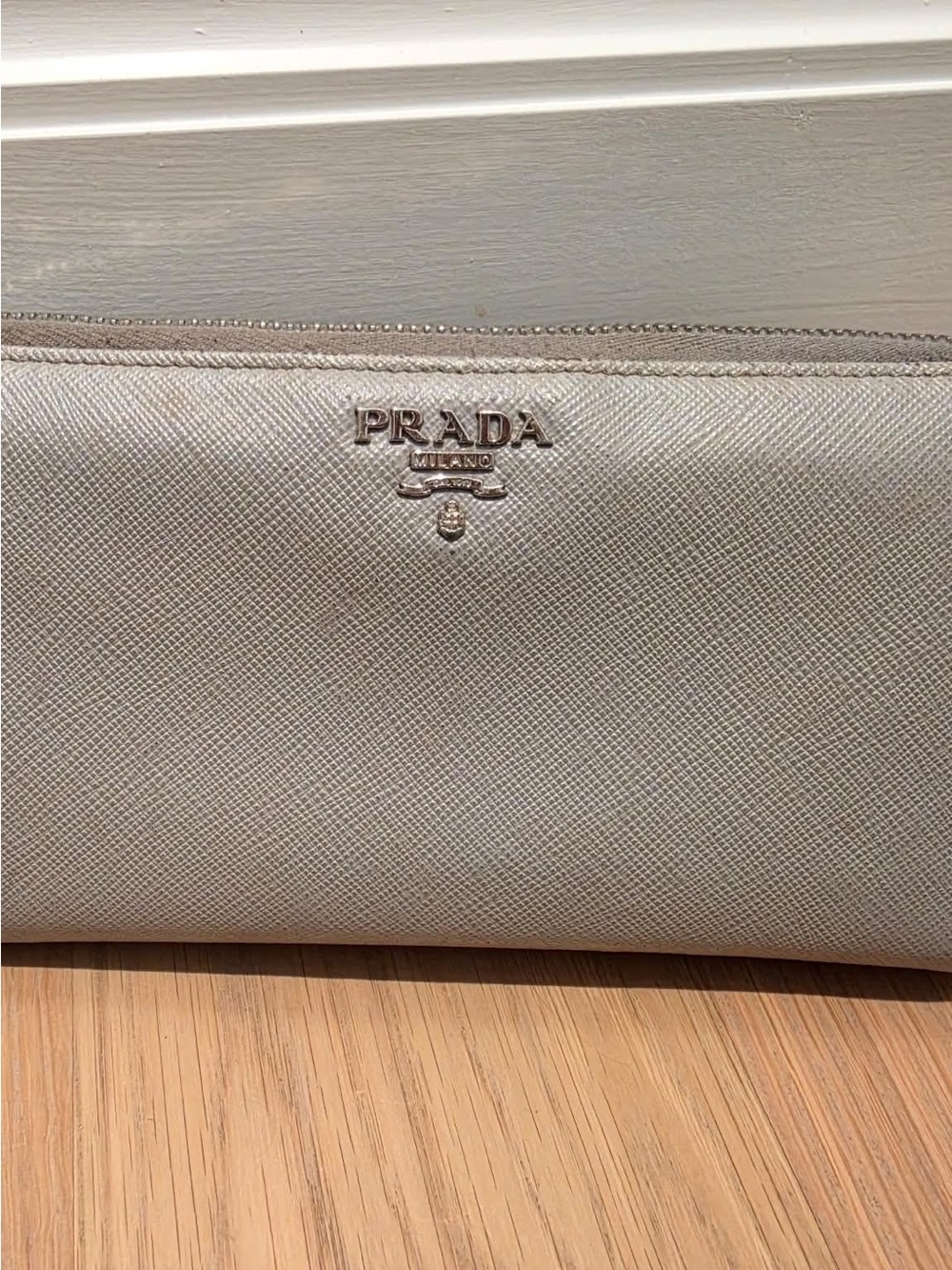Prada Metallic Silver Saffiano Zip Wallet